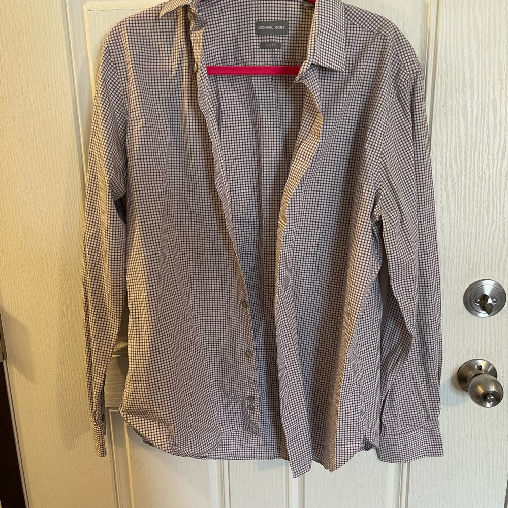 Michael Kors Slim Fit Gingham Button Down Size 16 1/2 34/35 L